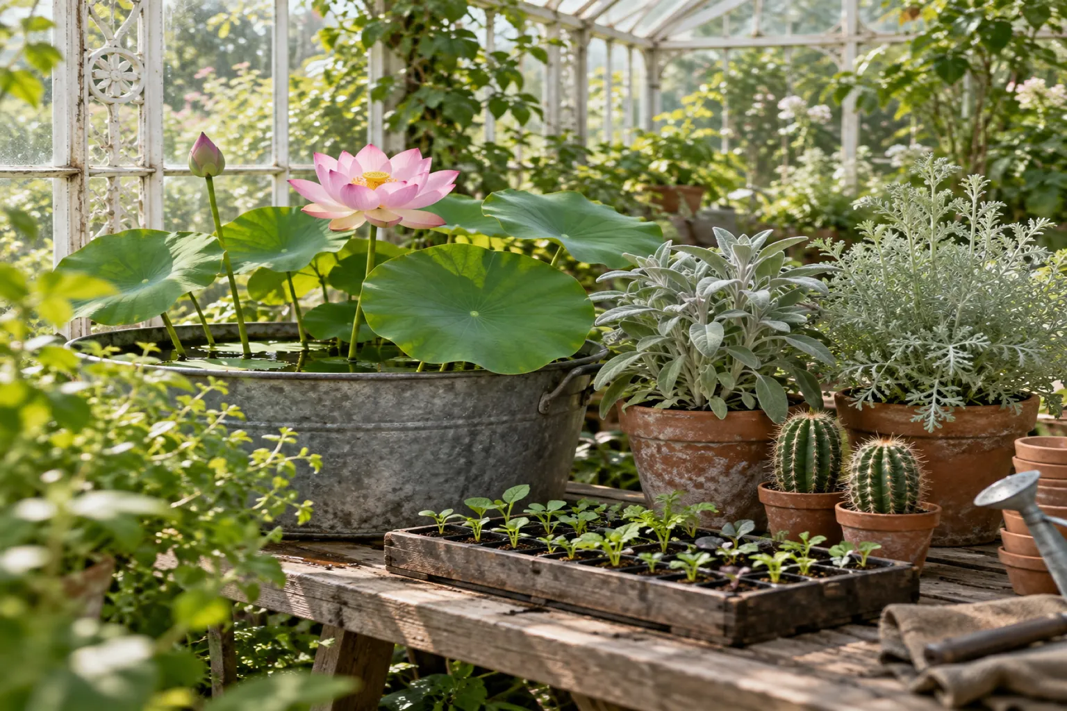 Ein rosa blühender Lotus im Zinkkübel, Weißer Salbei, Wermut, zwei kleine Säulenkakteen und eine Anzuchtschale in einem alten Glashaus