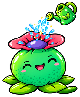 Das Maskottchen von Avalon Magic Plants, ein lachender Kaktus mit Blüte, der gegossen wird
